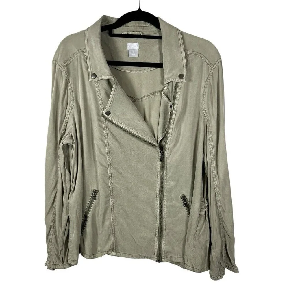 Chico’s Elongated Asymmetrical Zip Moto Jacket Green Twill Fabric Women Sz 12/14